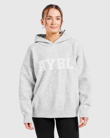 Varsity Oversized Knitted Hoodie Grey Marl
