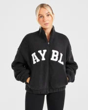 Varsity Oversized Fleece Zip Up Jacket Black
