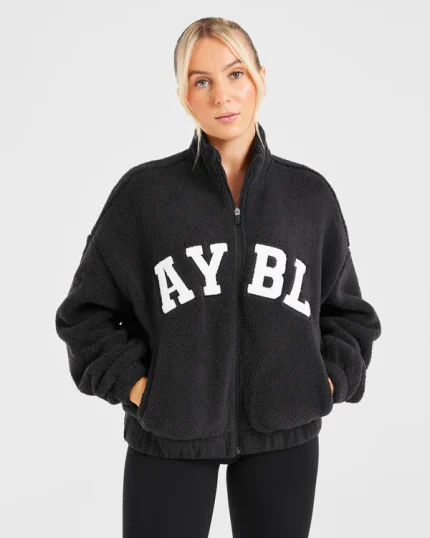 Varsity Oversized Fleece Zip Up Jacket Black
