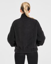 Varsity Oversized Fleece Zip Up Jacket Black